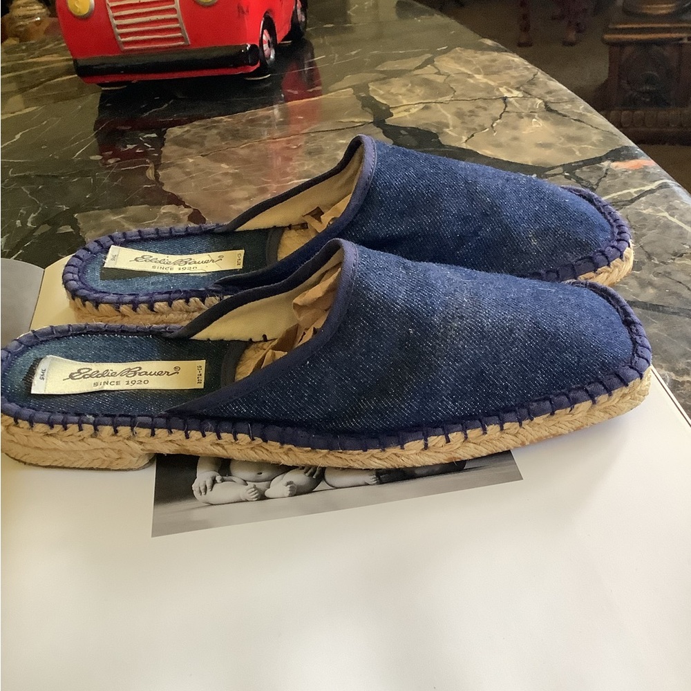 Eddie Bauer dark wash cotton denim espadrille jute heels slides size 9